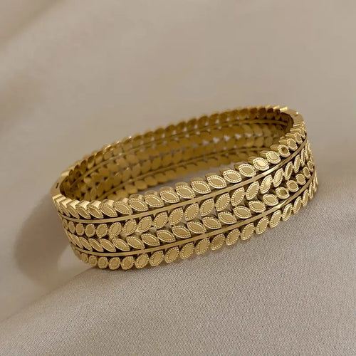 Bohemian Leaf Design Wide-Opening Stainless Steel Bracelet