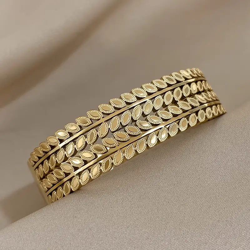 Bohemian Leaf Design Wide-Opening Stainless Steel Bracelet