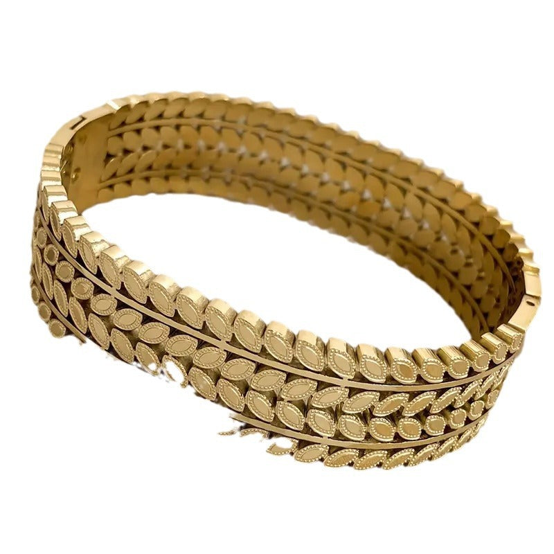 Bohemian Leaf Design Wide-Opening Stainless Steel Bracelet