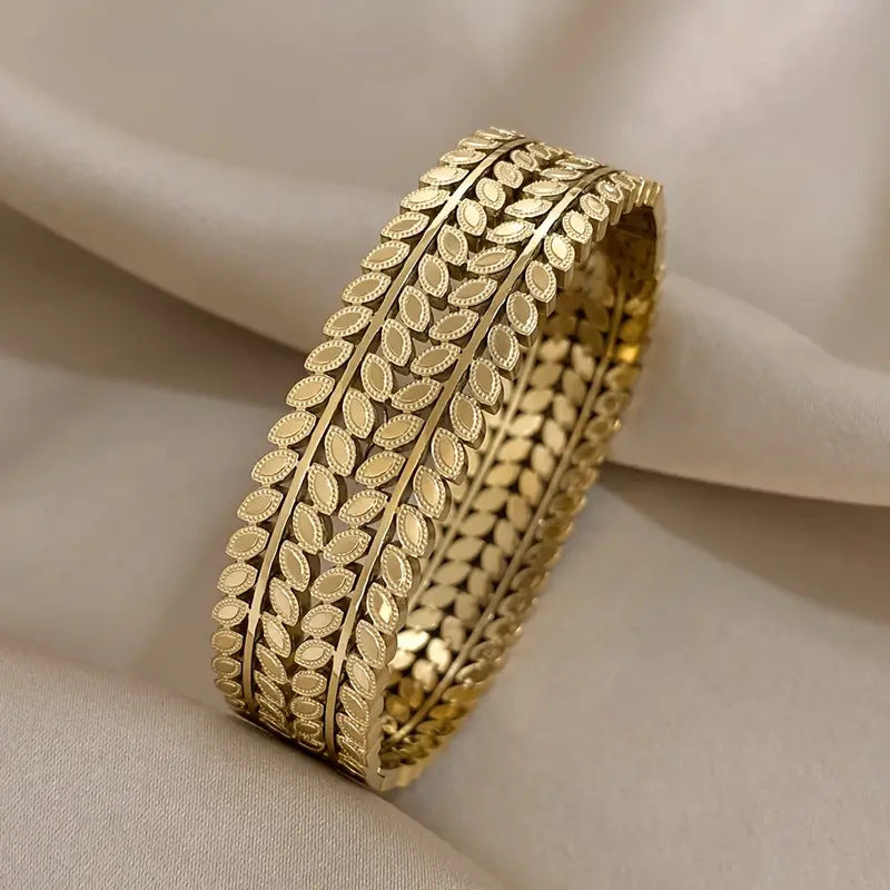 Bohemian Leaf Design Wide-Opening Stainless Steel Bracelet